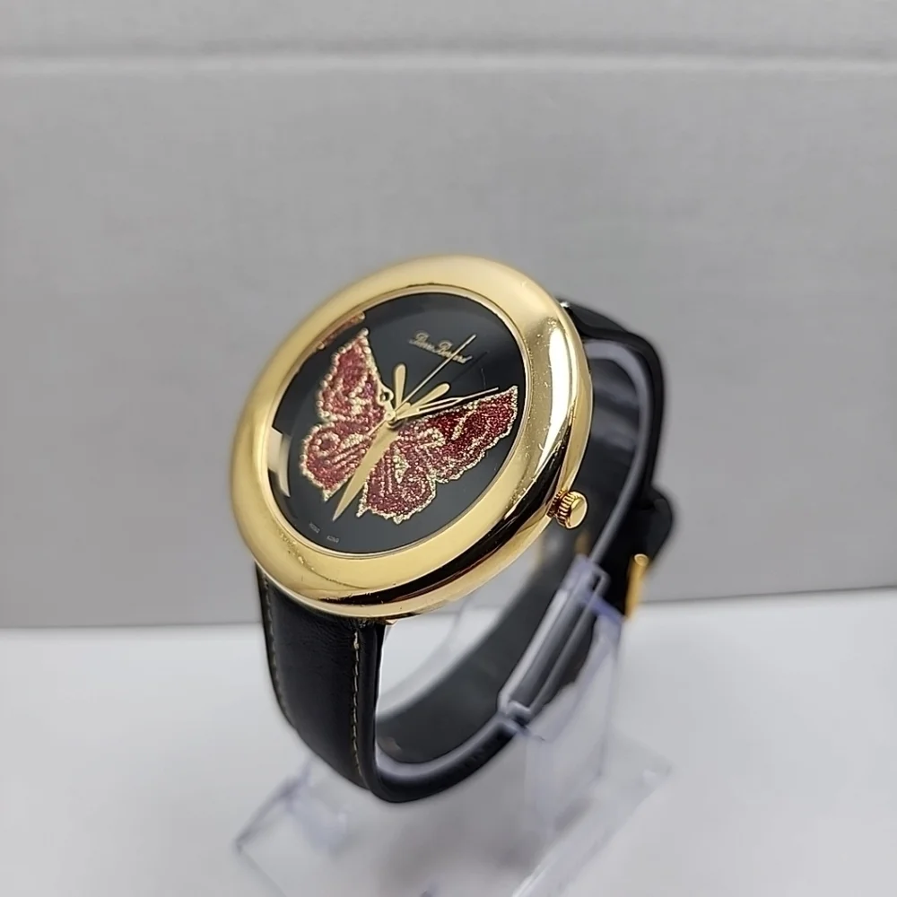 Womens Pierre Bernard Butterfly Watch Gold Glitter Black Leather New Battery